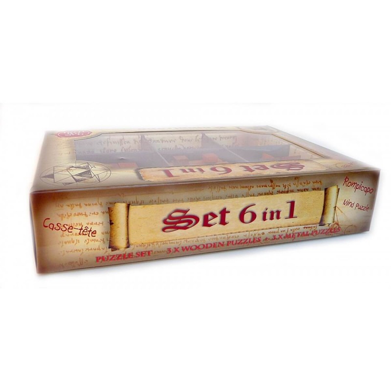 Set De 6 Casse-têtes Logica – 3 En Bois + 3 En Métal, Difficultés Variées, Style Leonardo Da Vinci