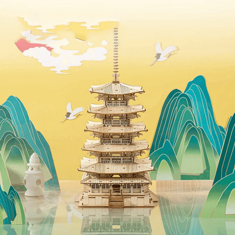 Wood Trick Torre Harmony – Pagoda 3D De Madera Con Luz LED Y 259 Piezas – Maqueta Mecánica DIY Con Grabados De Flores De Cerezo – Lámpara Funcional Para Adultos