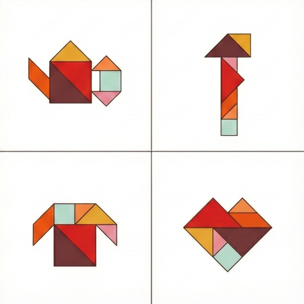 Figuras tangram objetos cotidianos: vela, camisa, casa