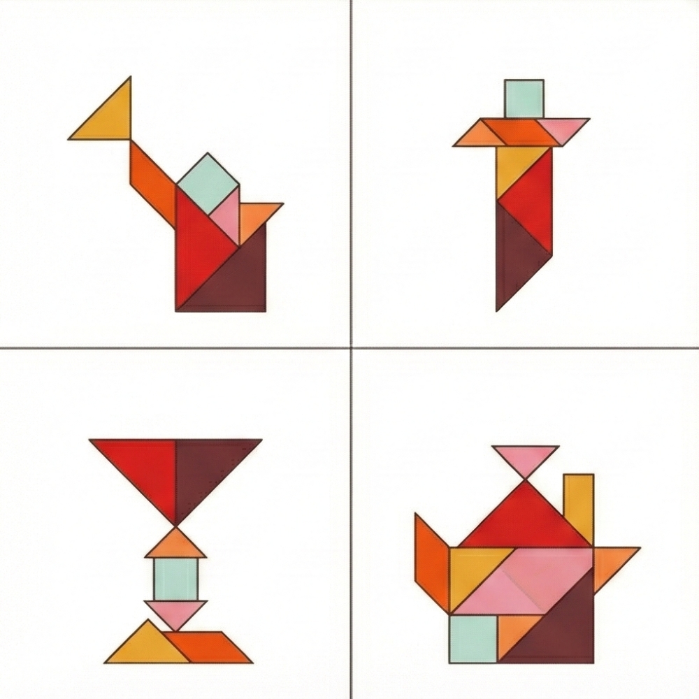 Soluciones tangram objetos: tetera, copas y herramientas