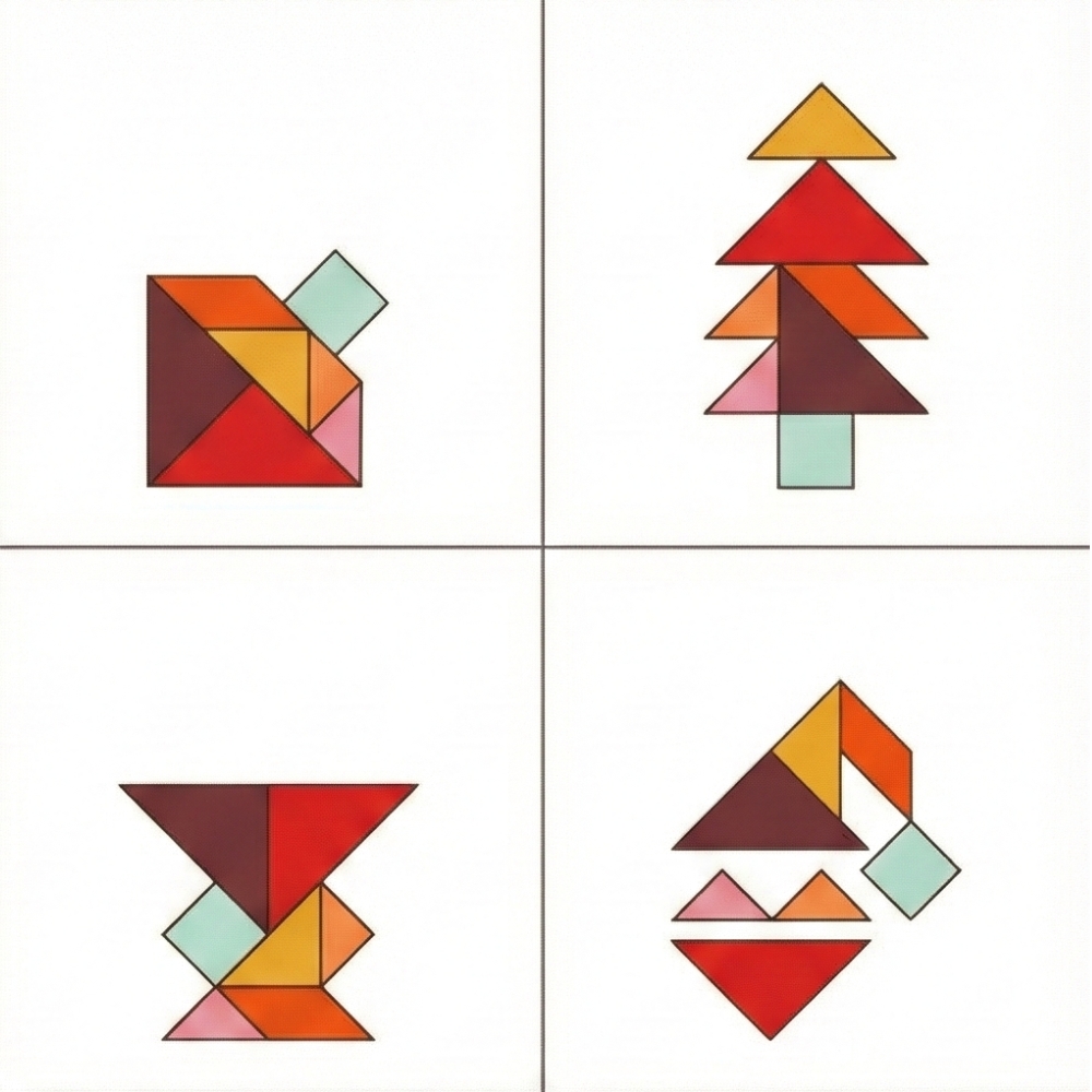 Formas de tangram objetos varios martillo y jarrón
